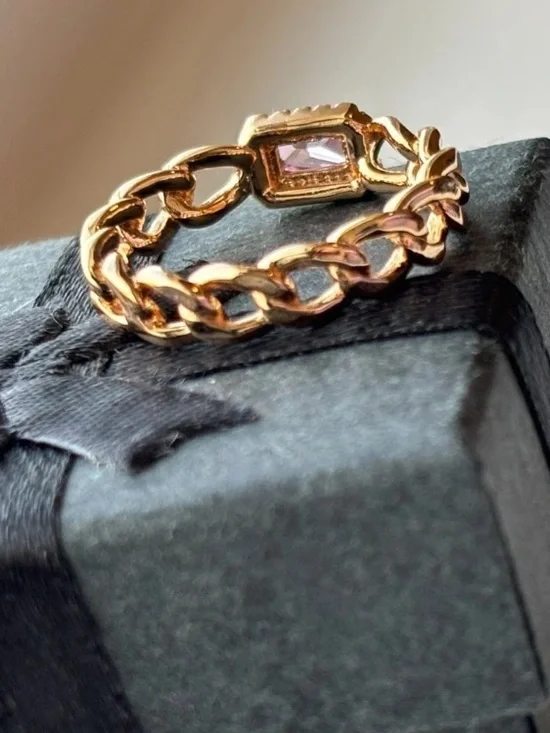 Gold Plated Chain Link Ring Pink Emerald Cut CZ Halo Size 6 Statement Ring - Picture 6 of 9